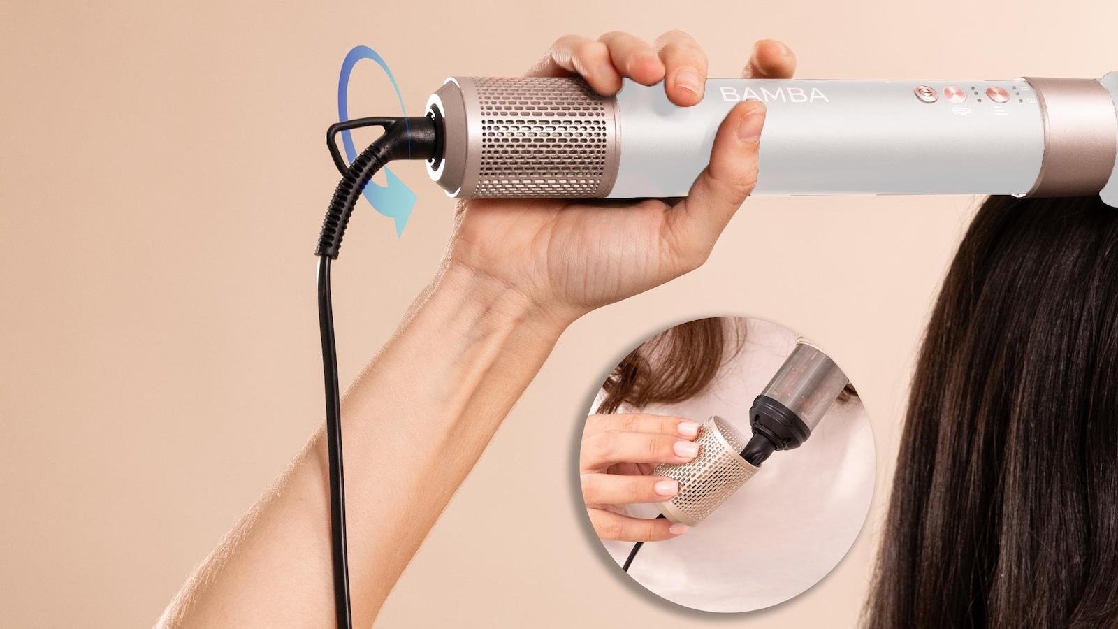 Bamba AirGlam Blue, máy tạo kiểu tóc Bamba, máy tạo kiểu Coanda giá rẻ, máy sấy uốn đa năng 8 trong 1, CeramicCare AirGlam review, máy làm tóc ion