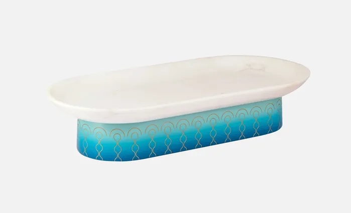 Khay hoa quả oval Hải Vân, Khay hoa quả Hải Vân, khay đựng sơn mài cao cấp, khay hoa quả mặt đá cẩm thạch, khay decor họa tiết sứa, khay oval màu cam sang trọng