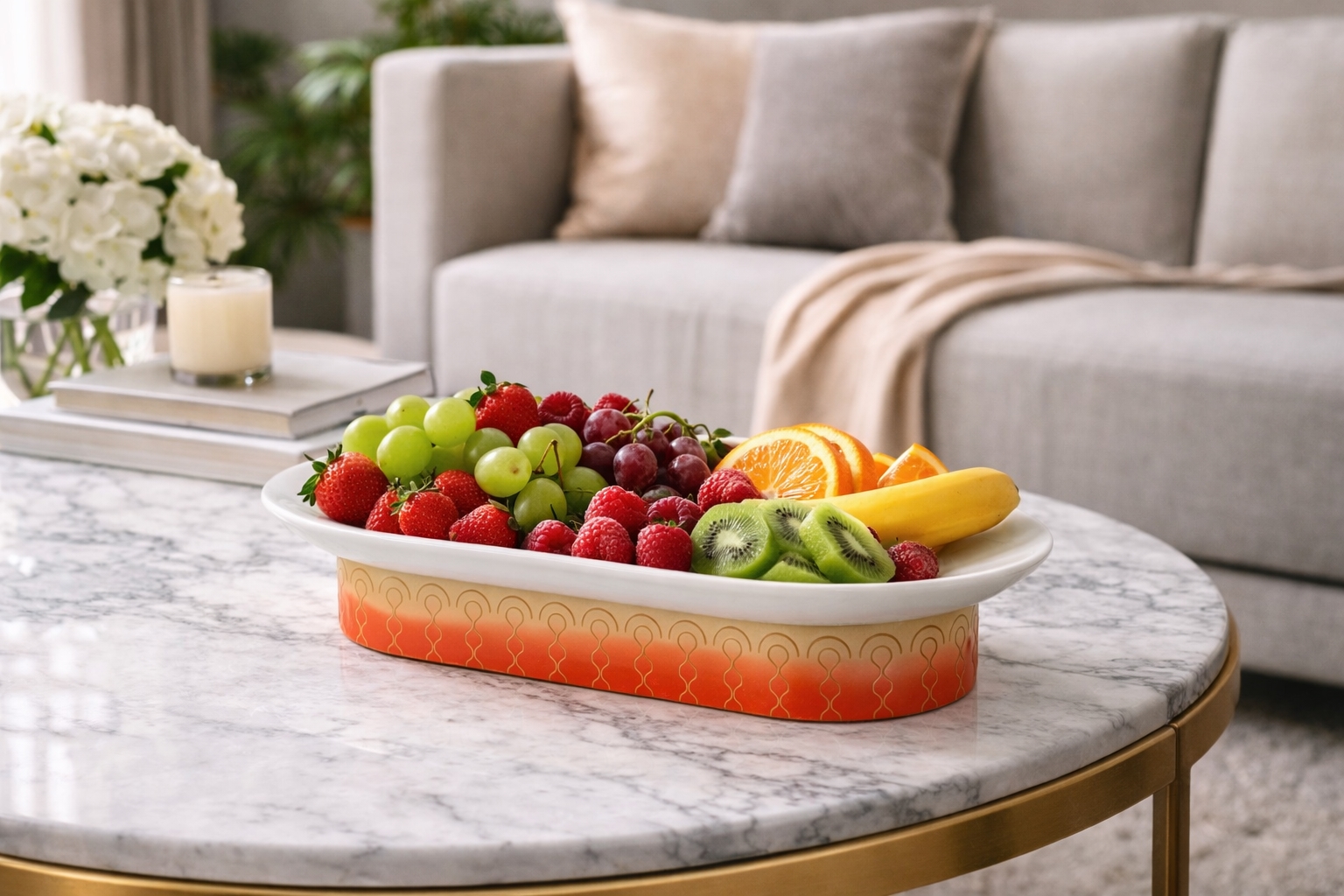 Khay hoa quả oval Hải Vân, Khay hoa quả Hải Vân, khay đựng sơn mài cao cấp, khay hoa quả mặt đá cẩm thạch, khay decor họa tiết sứa, khay oval màu cam sang trọng