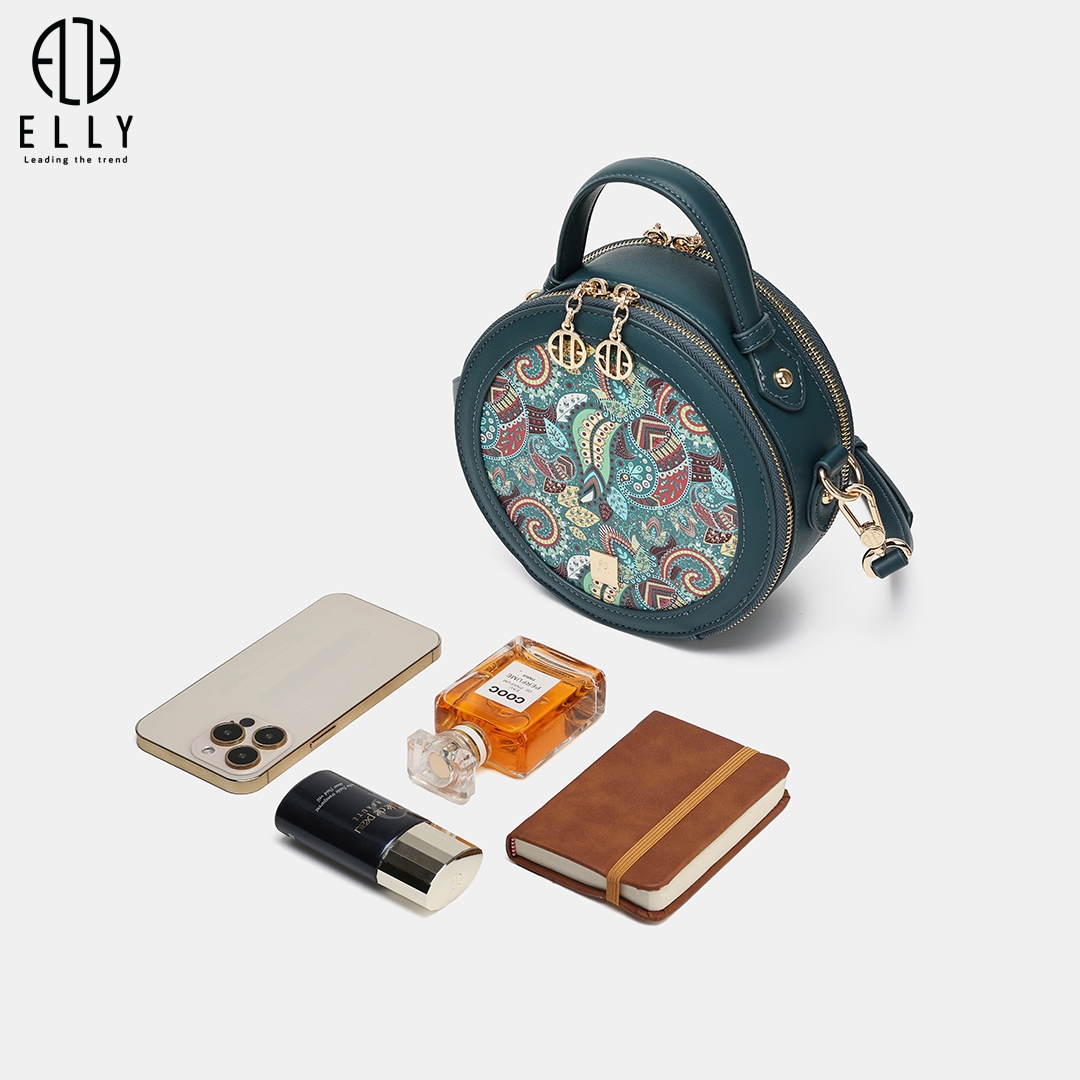 Túi xách nữ ELLY EL98, túi xách nữ cao cấp, túi xách tròn độc đáo, túi đeo chéo nữ xanh, túi da tổng hợp ELLY, túi xách mini thời trang