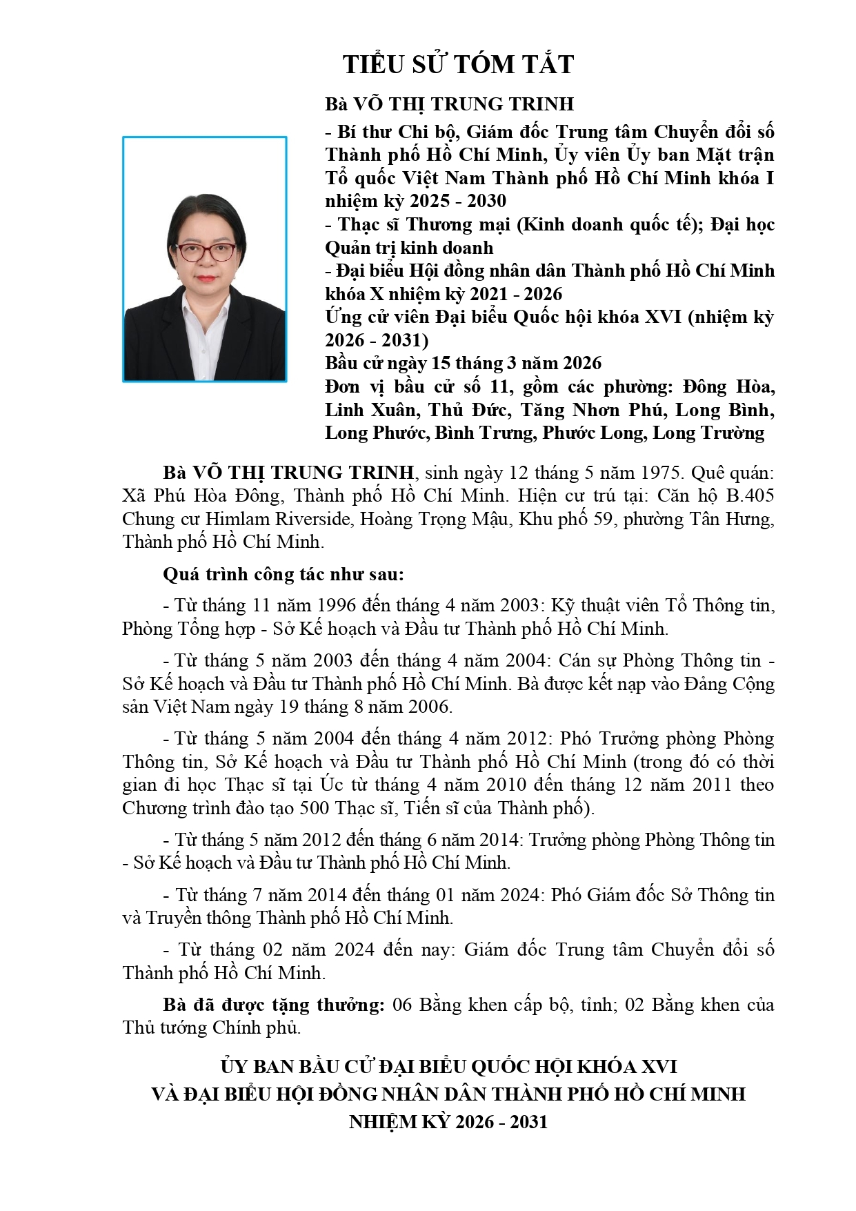 Võ Thị Trung Trinh, chuyển đổi số TPHCM, ứng cử viên Quốc hội khóa XVI, Trung tâm Chuyển đổi số TPHCM, dịch vụ công trực tuyến, chính quyền số